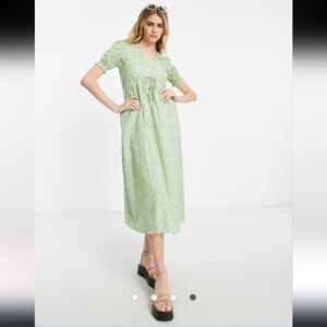 & Other Stories Sz 10 Green Floral Midi Dress Puff Sleeve Empire Waist Spring